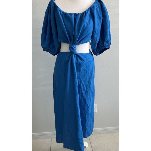 FARM RIO Linen Dress Med Blue Cut Out Off Shoulder Boho Artsy Coastal Nautical - Picture 16 of 16